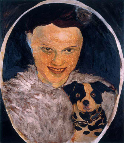 Cornelia Schleime, Woman with dog, 1994/95, acrylic, asphalt coat and shellac on canvas, 145 x 125 cm ©Courtesy Galerie Michael Schultz