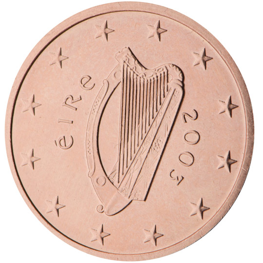 National back side of the 5, 2 and 1-cent coin in circulation in Ireland