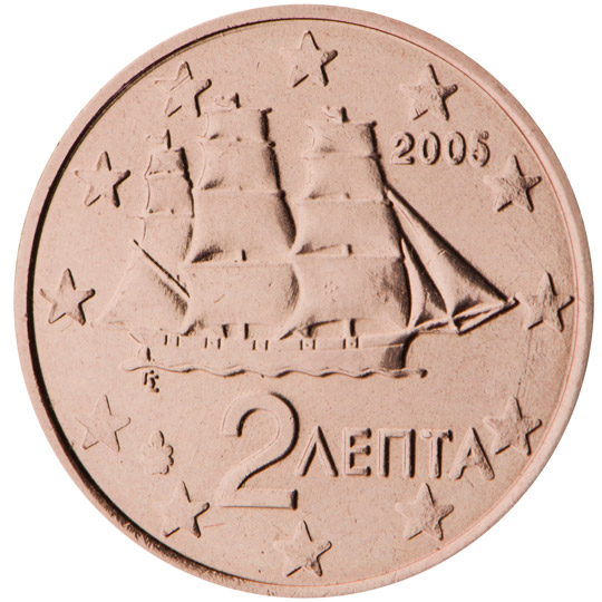 National back side of the 2-cent coin in circulation in Greece