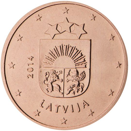 National back side of the 5, 2 and 1-cent coin in circulation in Latvia