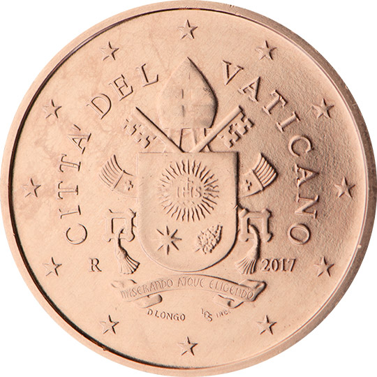National back side of the 5, 2 and 1-cent coin in circulation in the Vatican, 5. series